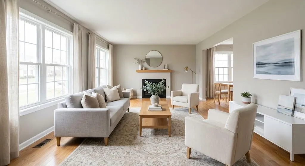 A bright, professionally staged living room with neutral walls, light-wood flooring, a beige sofa, two accent armchairs, a wooden coffee table, and large windows with sheer curtains letting in natural light.