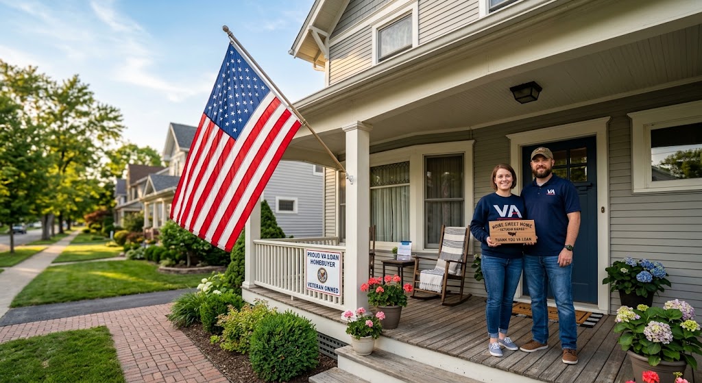 An American flag hangs from the front porch column of a suburban home, with a small decorative sign nearby honoring a veteran homebuyer.