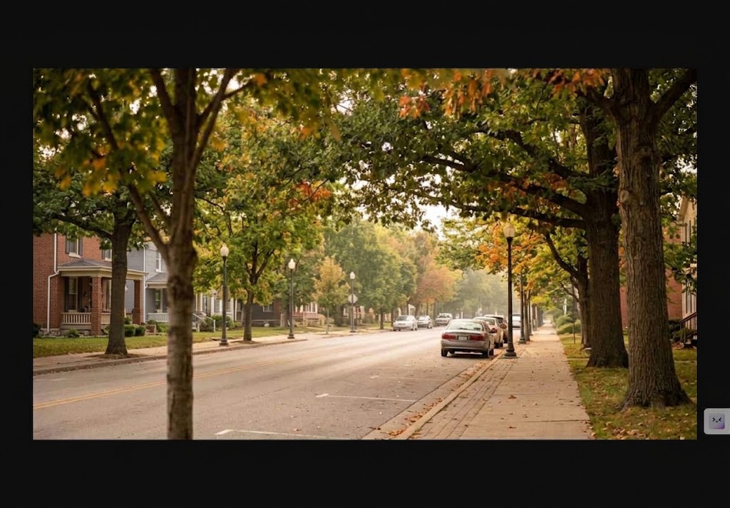Tree-lined residential street with classic homes and parked cars in downtown Martinsville, Indiana during autumn.
