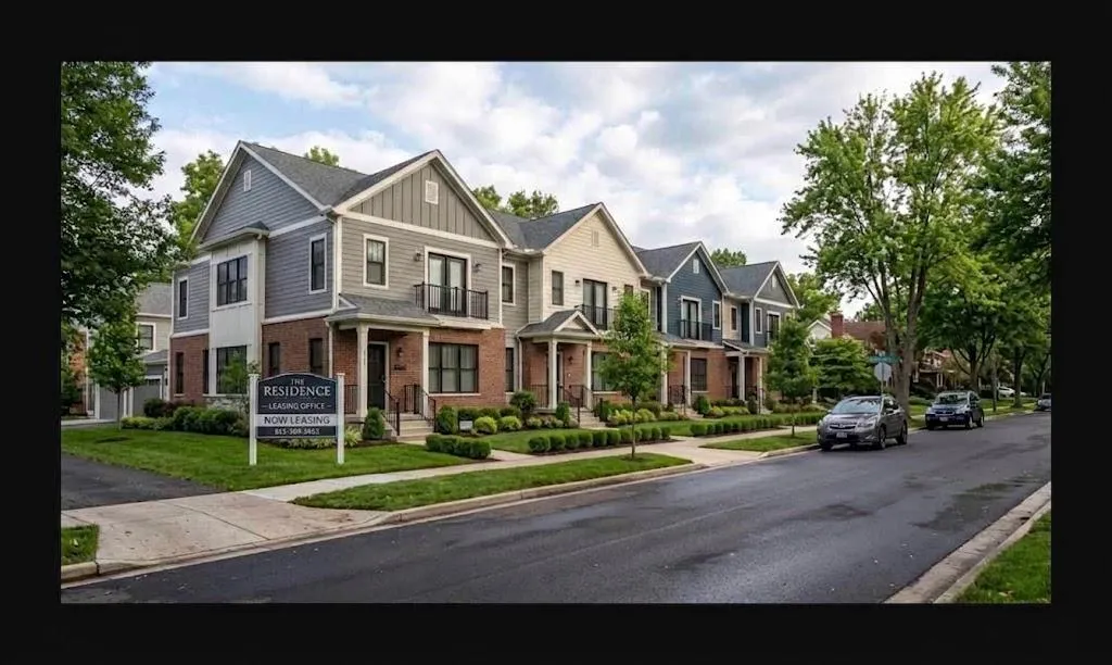 Row of modern brick and siding townhome rentals on a quiet street with a sign for "The Residence" leasing office. 