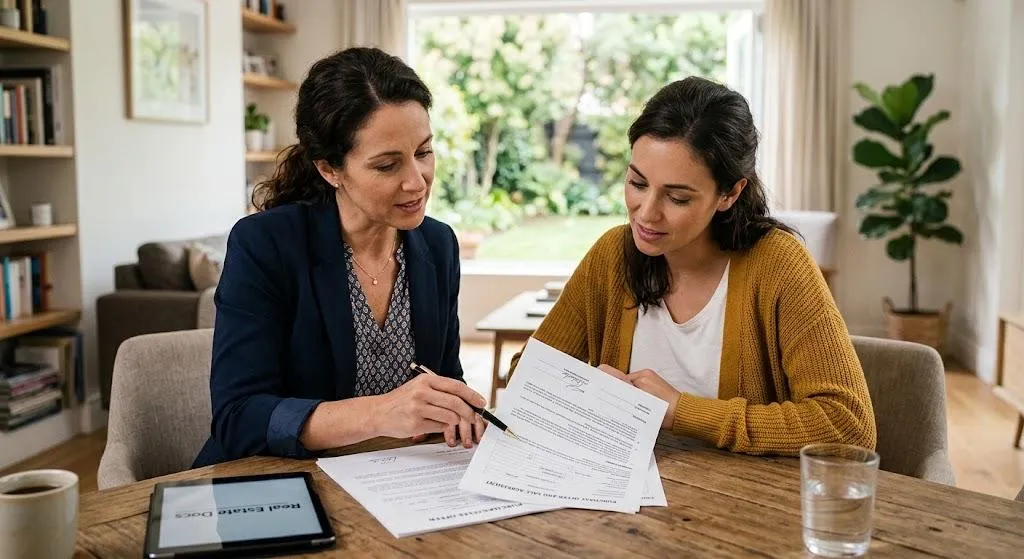 A female real estate agent and homebuyer sit at a wooden dining table, reviewing and pointing at a purchase offer document together in a bright, modern living room.