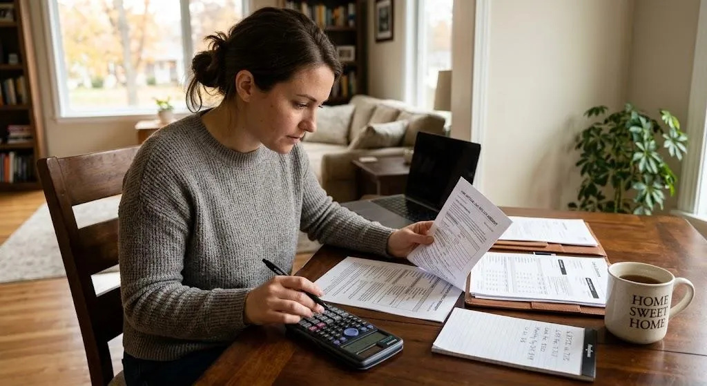 A homebuyer sitting at a wooden dining table reviewing mortgage rate paperwork, using a calculator and pen next to a laptop and mug.