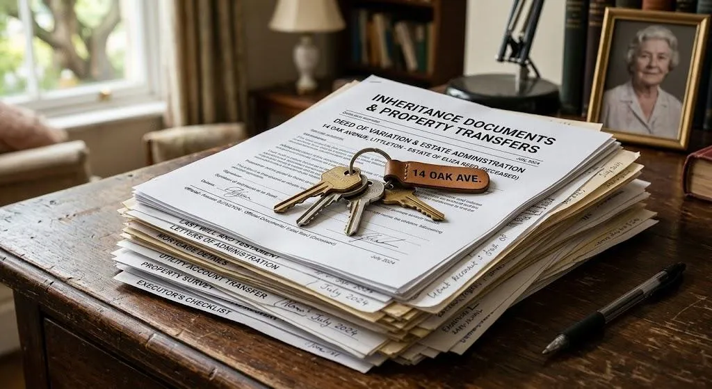 A set of brass house keys with a leather label resting on top of a stack of legal inheritance and property documents on a wooden desk.