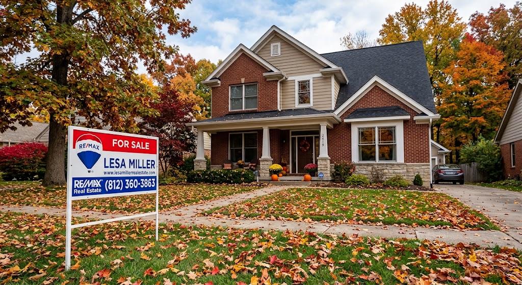 RE/MAX For Sale sign on a lawn covered in autumn leaves, featuring Lesa Miller, 812-360-3863, and www.lesamillerrealestate.com in front of a brick home.