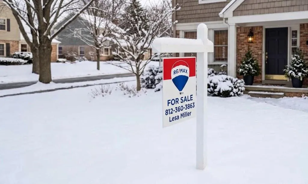 Snow-covered front yard of a home with a clear walkway and a RE/MAX "For Sale" sign featuring Realtor Lesa Miller's contact details.