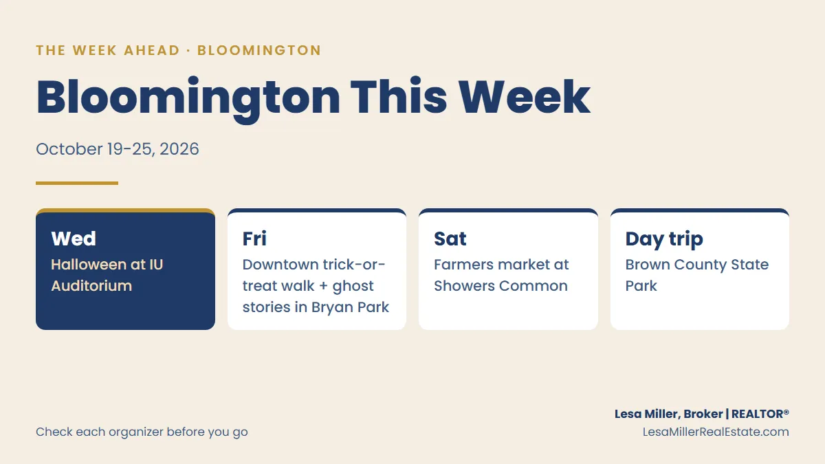 The week ahead in Bloomington, October 19 to 25, 2026: Halloween events, the farmers' market at Showers Common and a day trip to Brown County State Park