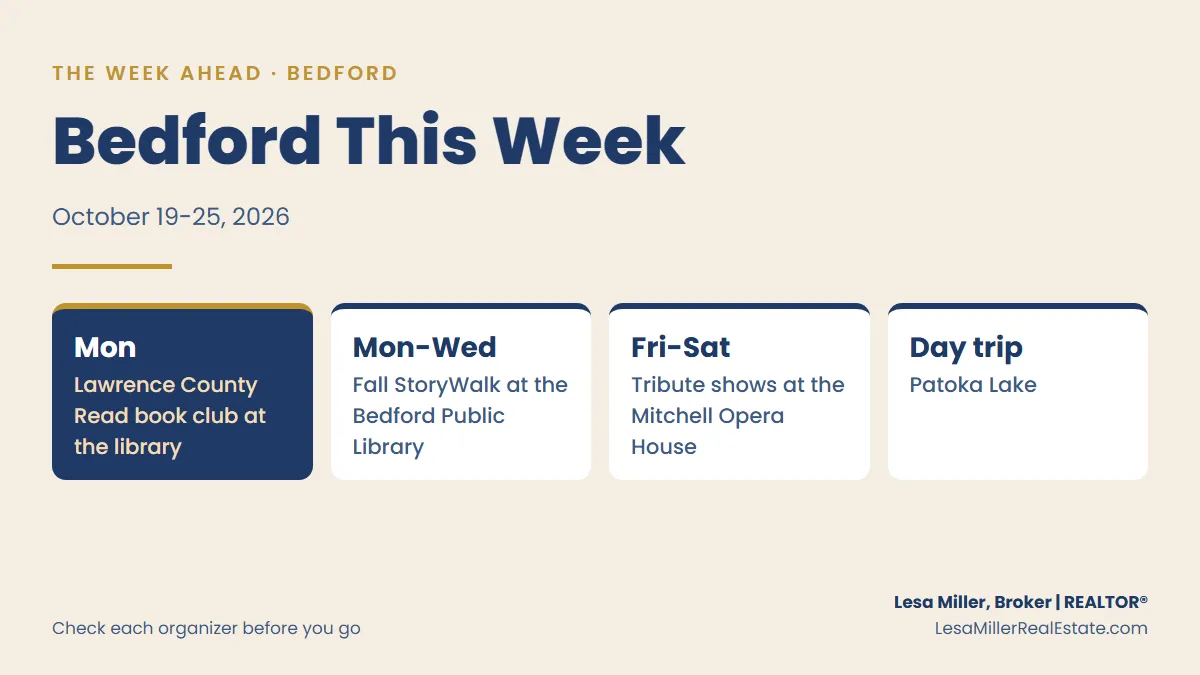 The week ahead around Bedford, October 19 to 25, 2026: the Lawrence County Read book club, the library's fall StoryWalk, tribute shows at the Mitchell Opera House and a day trip to Patoka Lake