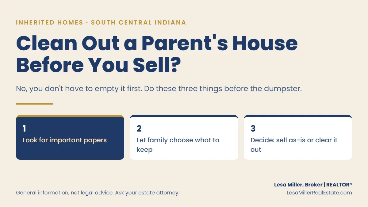 Before you clean out a parent's house to sell: look for important papers first, let family choose what to keep, then decide whether to sell as-is or prepare the house