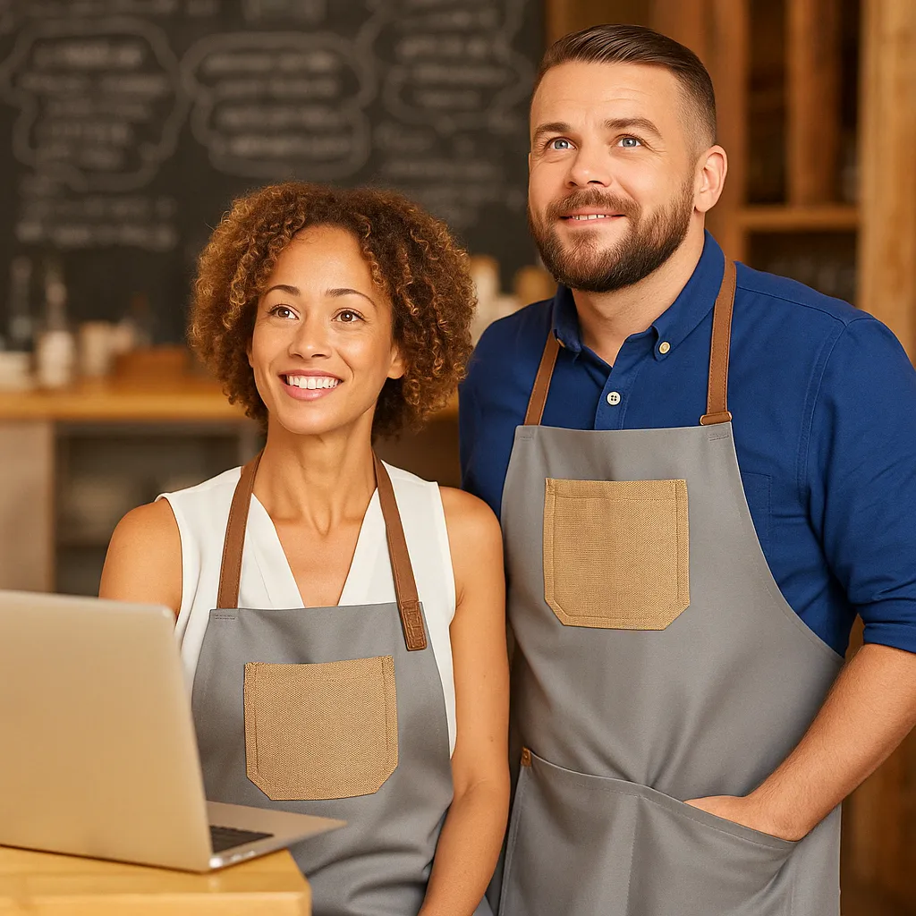 Small business owners reviewing automation strategy on a laptop inside their café