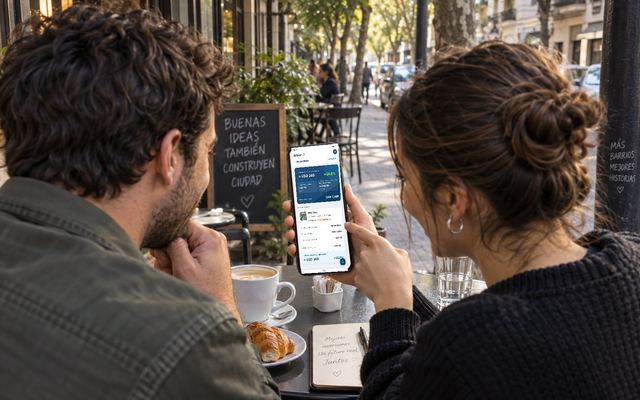 Person sitting in a cafe holding a phone with Brixar app open.
