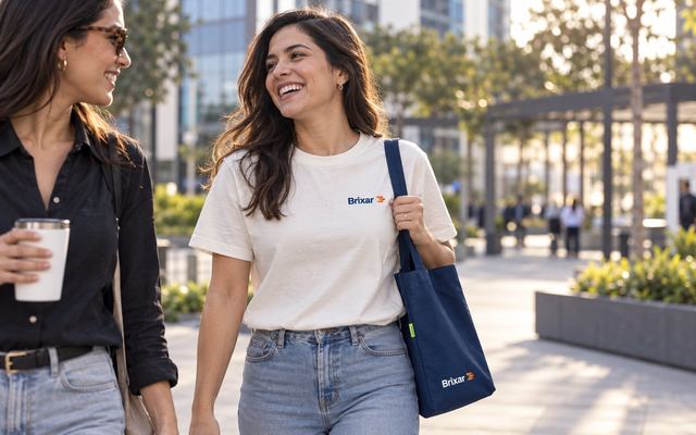 Two women walking outdoors, one pointing at something.