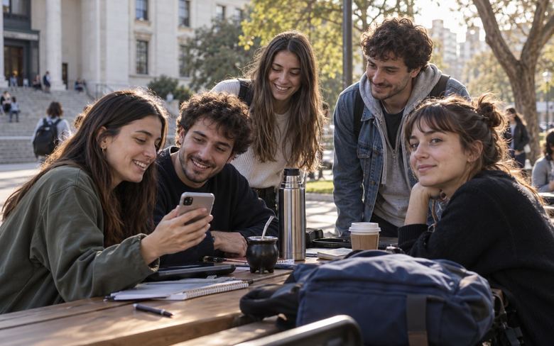 Group of young adults laughing around a laptop in a cafe.
