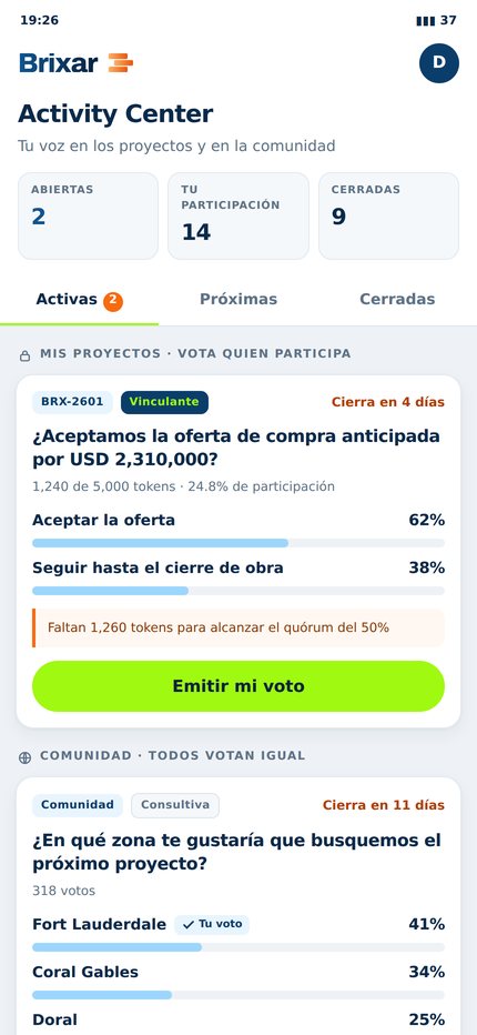Mockup of a smartphone displaying the Activity Center poll feature in the Brixar app.