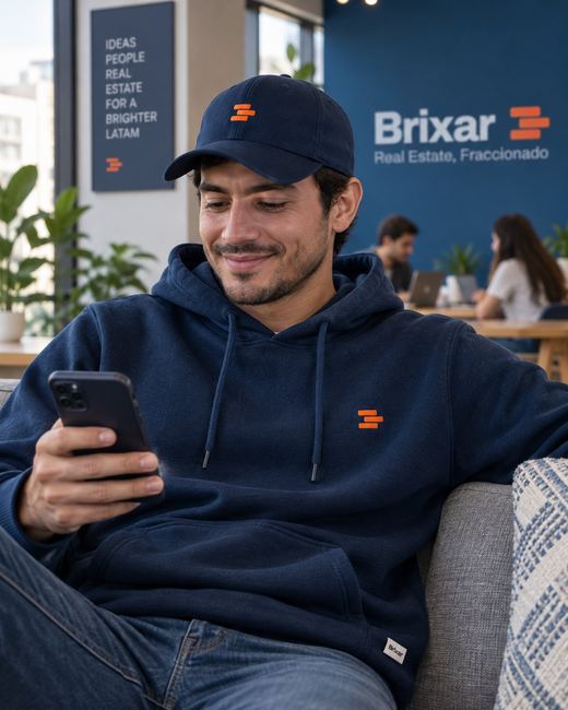 Young man with a beard wearing a dark hoodie with the Brixar logo, smiling while looking at his smartphone.