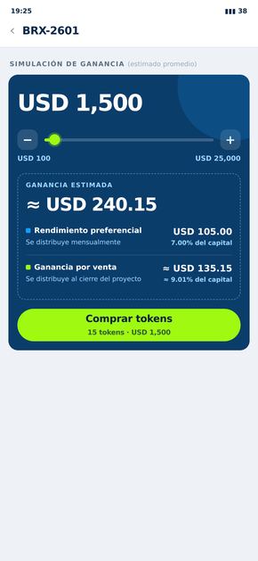 Mockup of the Brixar app showing an investment simulator interface.