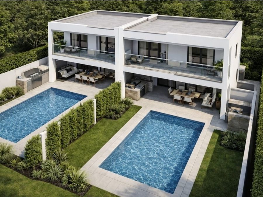 Architectural rendering of a modern white two-story house with a swimming pool and patio.
