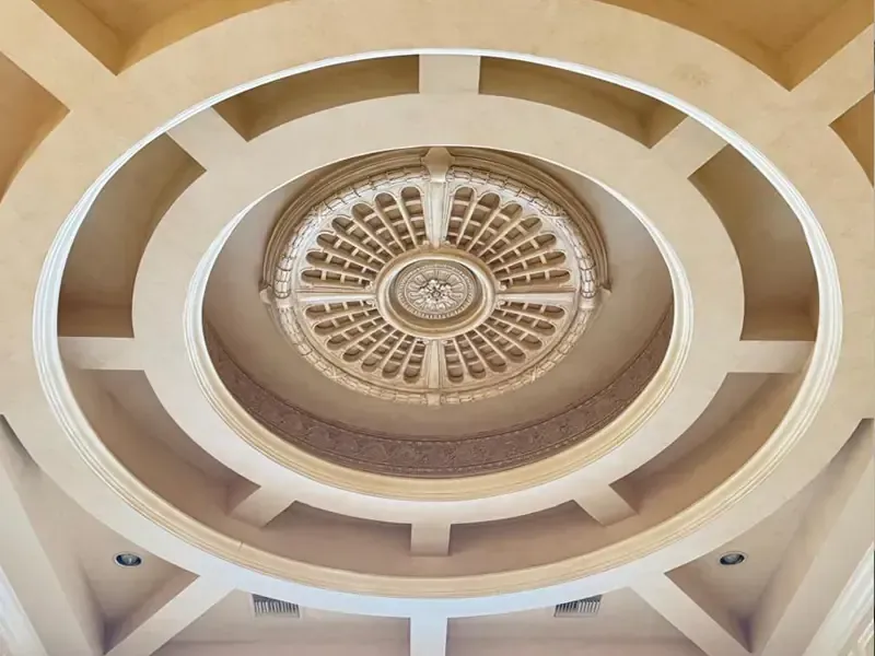 Masterfully precision-installed custom ornate dome coffered ceiling detail in a high-end Naples Florida home, by Brothers Home Group.