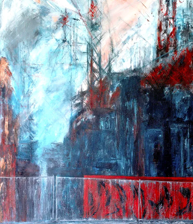 Scaffold and Yellow Primer architectural painting by Karen Wood