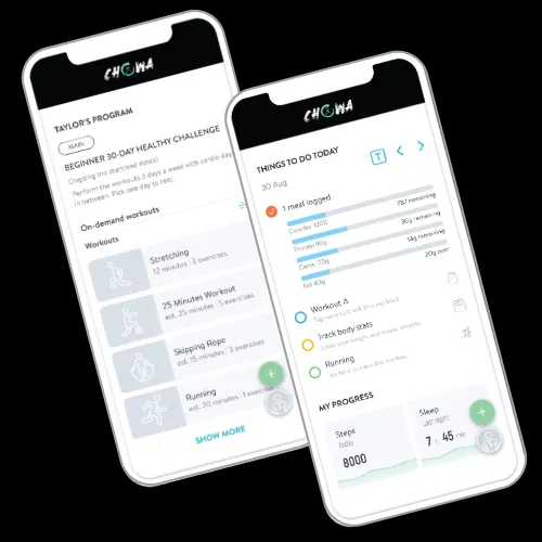 Screenshots of The Chowa app showing personalized stretch routines and wellness tracking interface