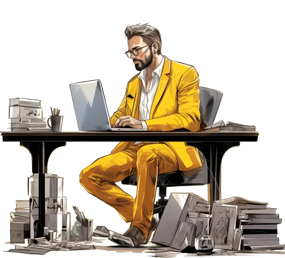 Business leader in a yellow suit working at a desk surrounded by documents