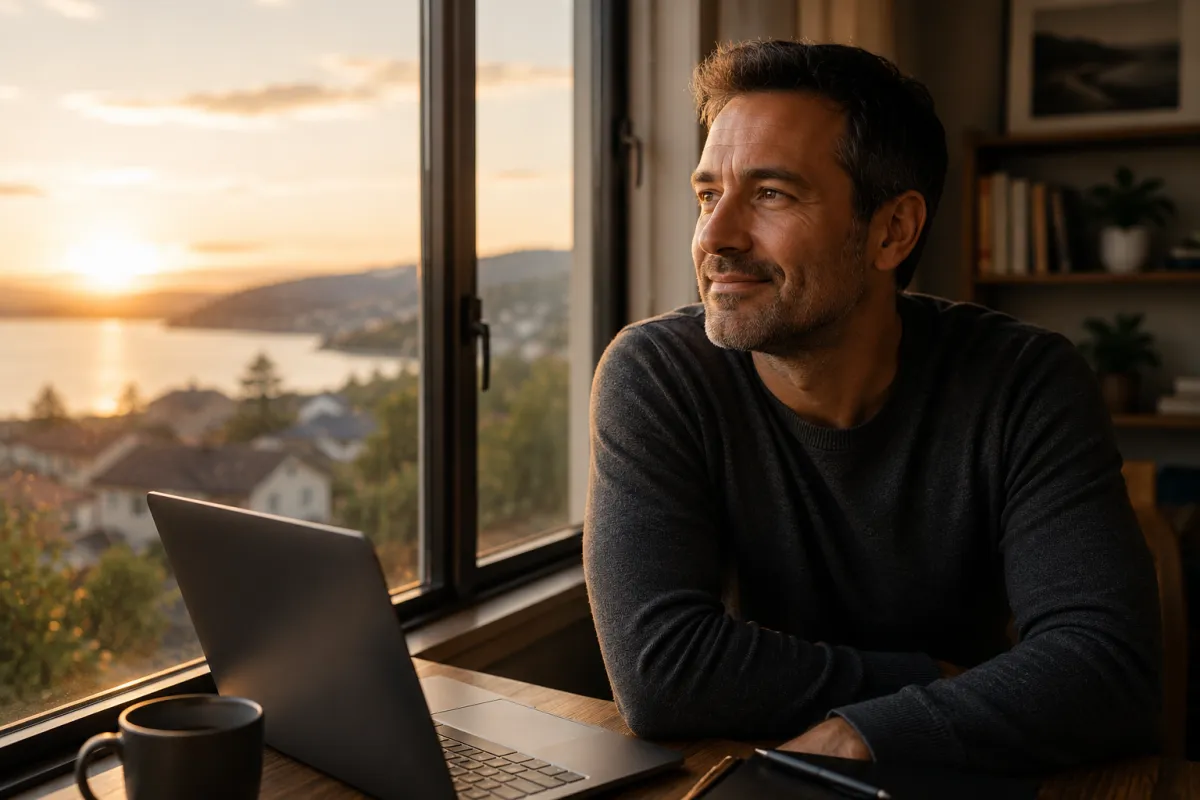 A mid-aged man looking out of his window at a lovely garden, expression of sudden revelation—soft, gentle smile, warm natural light, candid and hopeful mood, not stern.