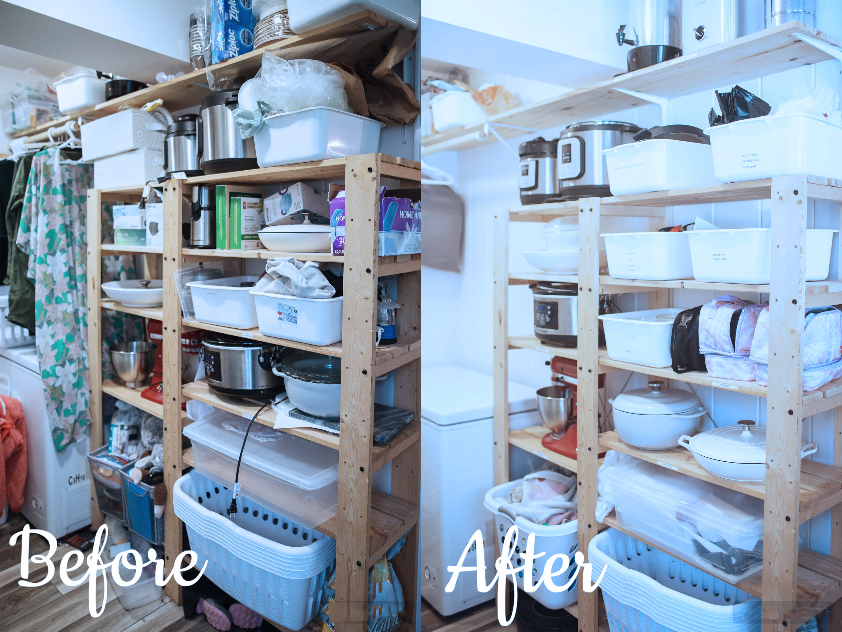 Before and after laundry room shelves organization by Let there be Space. Before image shows a laundry room shelves being used as a storage hosting unused cooking products, disposable utensils and laundry baskets.  After image shows laundry room shelves, after purging unnecessary items, displaying containers and similar kitchen cooking products neatly organized by categories.