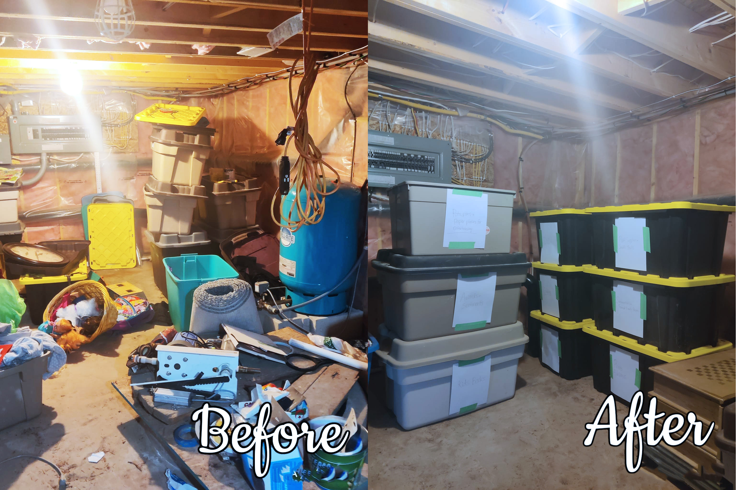 Before and after images of basement organization by Let there be Space. Before image shows a cluttered basement.  The after image shows storage bins with labels displaying what is in each bin.