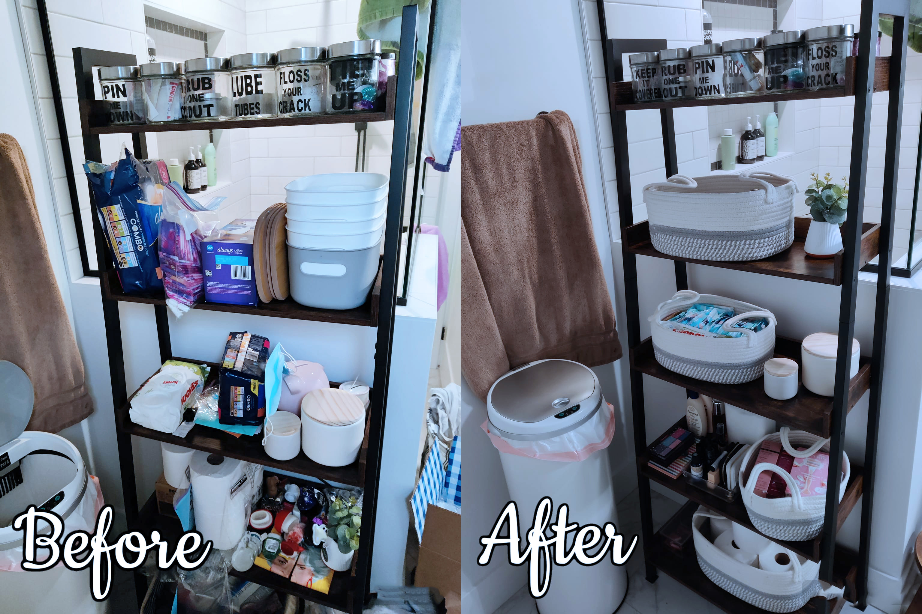 Before and after washroom shelf organization by Let there be Space. Before image shows a washroom shelf with various toiletries and feminine products stored randomly.  After image shows washroom shelf, after purging unnecessary items, using containers to host similar washroom and feminine products making it easily accessible and clutter free.