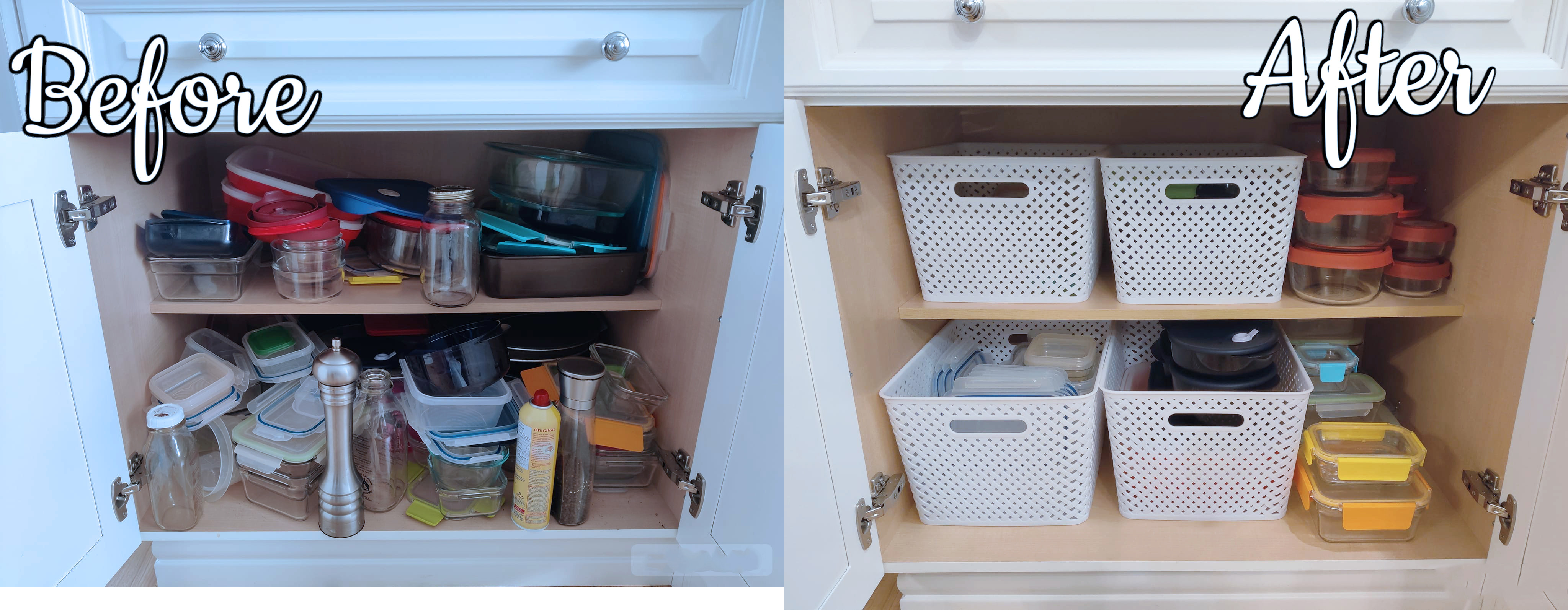 Before and after kitchen cabinet organization by Let there be Space. Before image shows a kitchen cabinet with various Tupperware chaotically stacked up on each other.  After image shows kitchen cabinet with containers neatly containing similar Tupperware shapes per container.