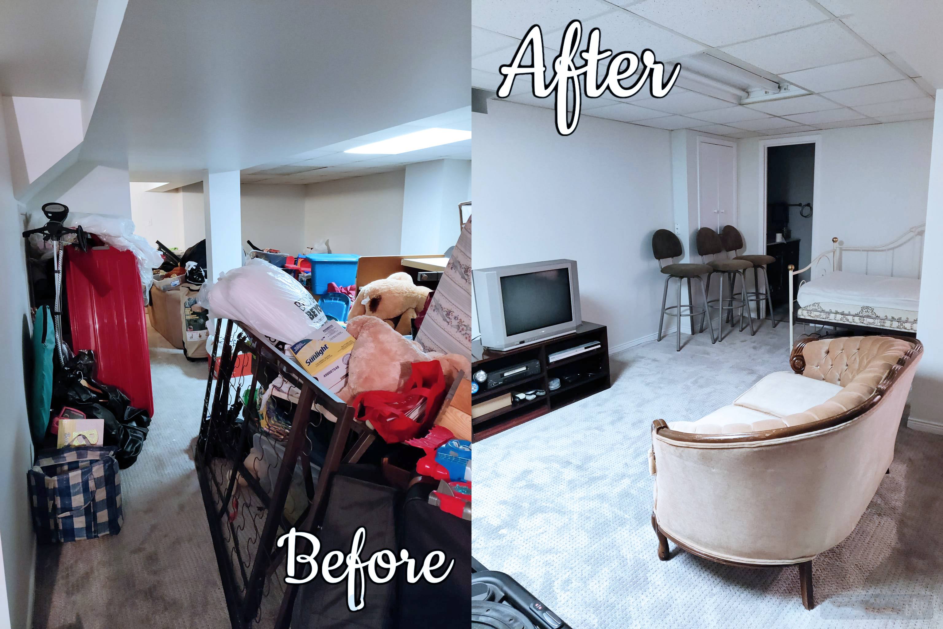 Before and after basement organization by Let there be Space. Before image shows a basement being used as a storage hosting bed frames, old clothing, random bins and various fabrics randomly piled and placed on top of each other.  After image shows basement, after purging unnecessary items, only display television, couches and chairs ready to be used to host guest.