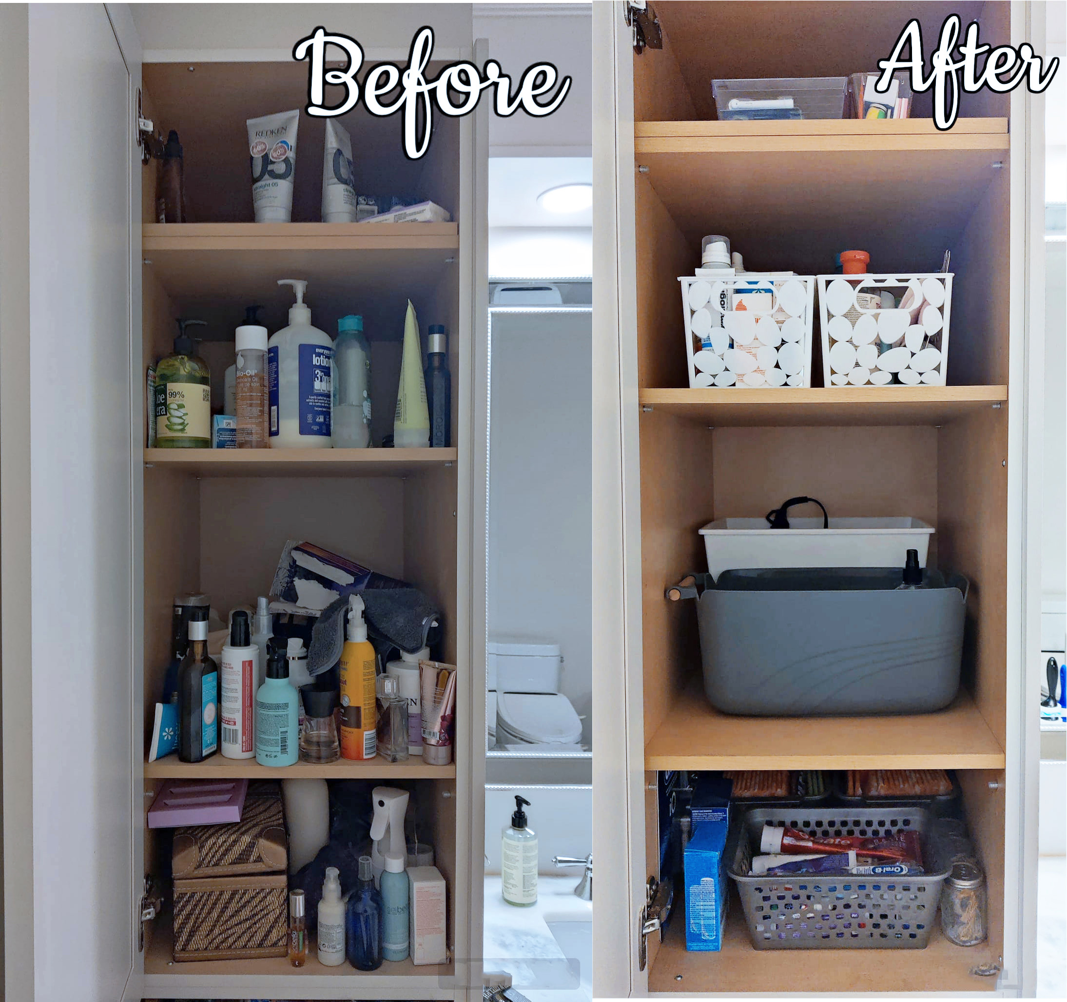Before and after bathroom storage organization by Let there be Space. Before image shows a cluttered storage of bathroom including skin care products, lotions, moisturizers, hand soaps and facial products.  After image shows a bathroom storage using containers to neatly store all skin care products.