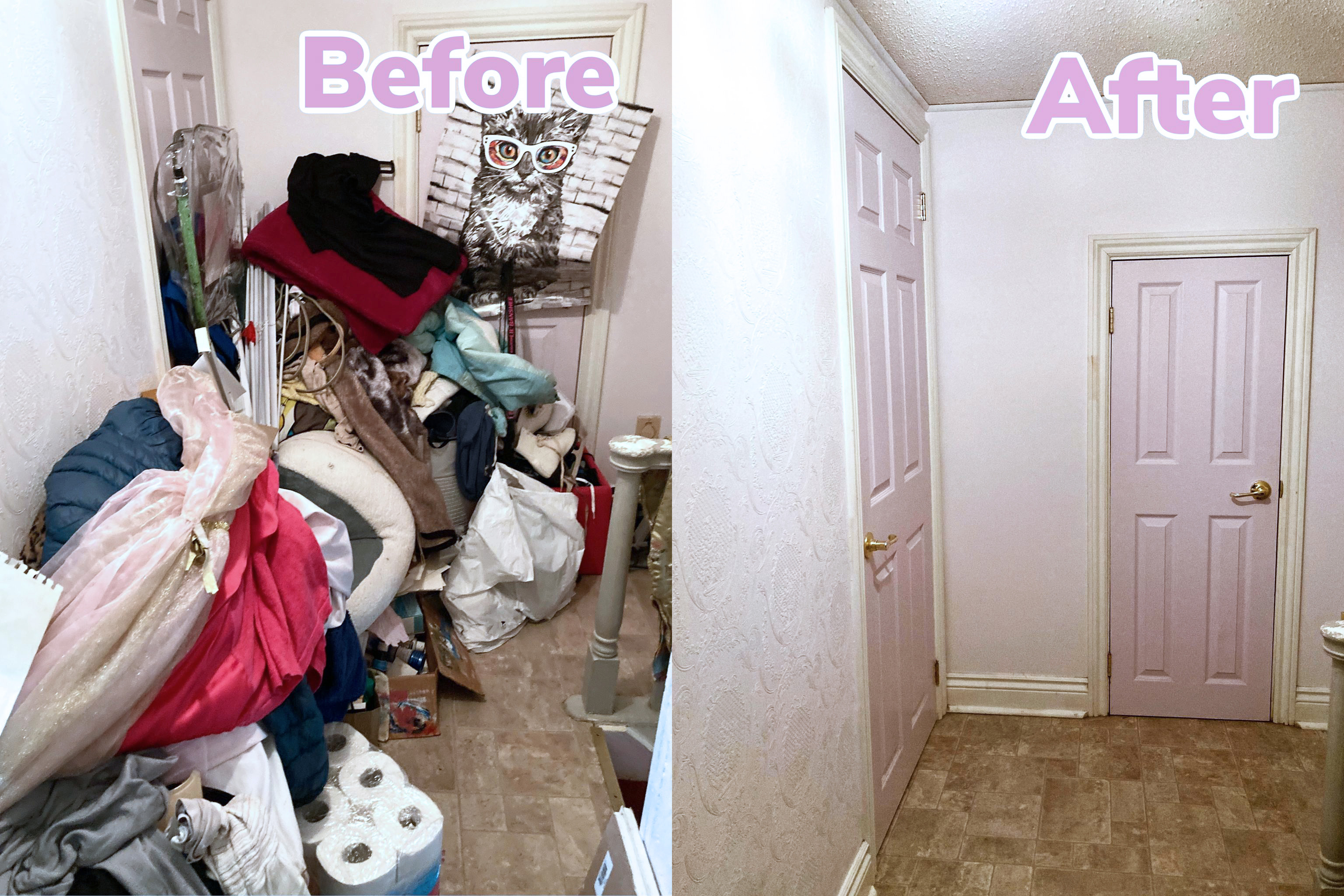 Before and after hallway organization by Let there be Space. Before image shows a cluttered hallway of laundry, toiletries and other miscellaneous items.  After image shows a hallway without the clutter.