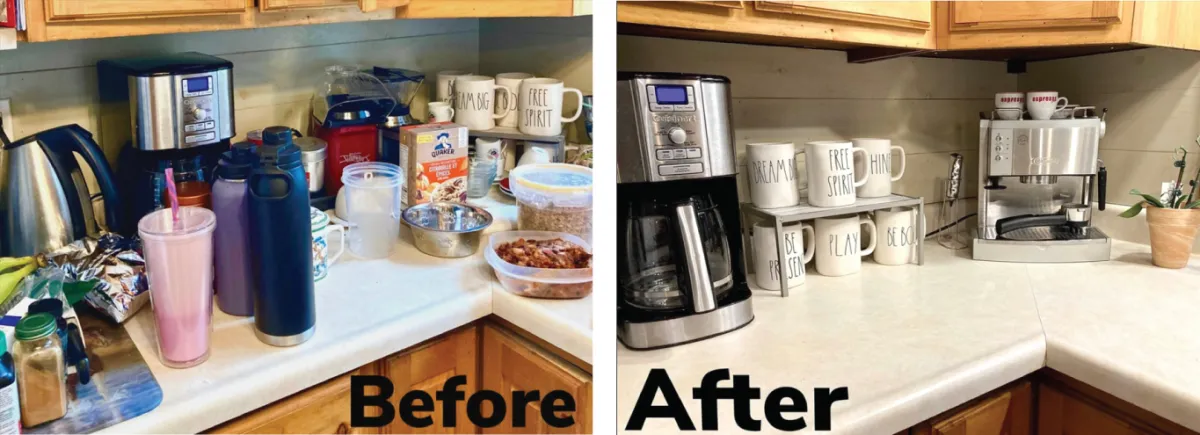 Before and after kitchen counter organization by Let there be Space. Before image shows a kitchen counter with various water bottles, expired food products and kitchen cups and plates with no space.  After image shows kitchen counter, after purging unnecessary items, making coffee units accessible.