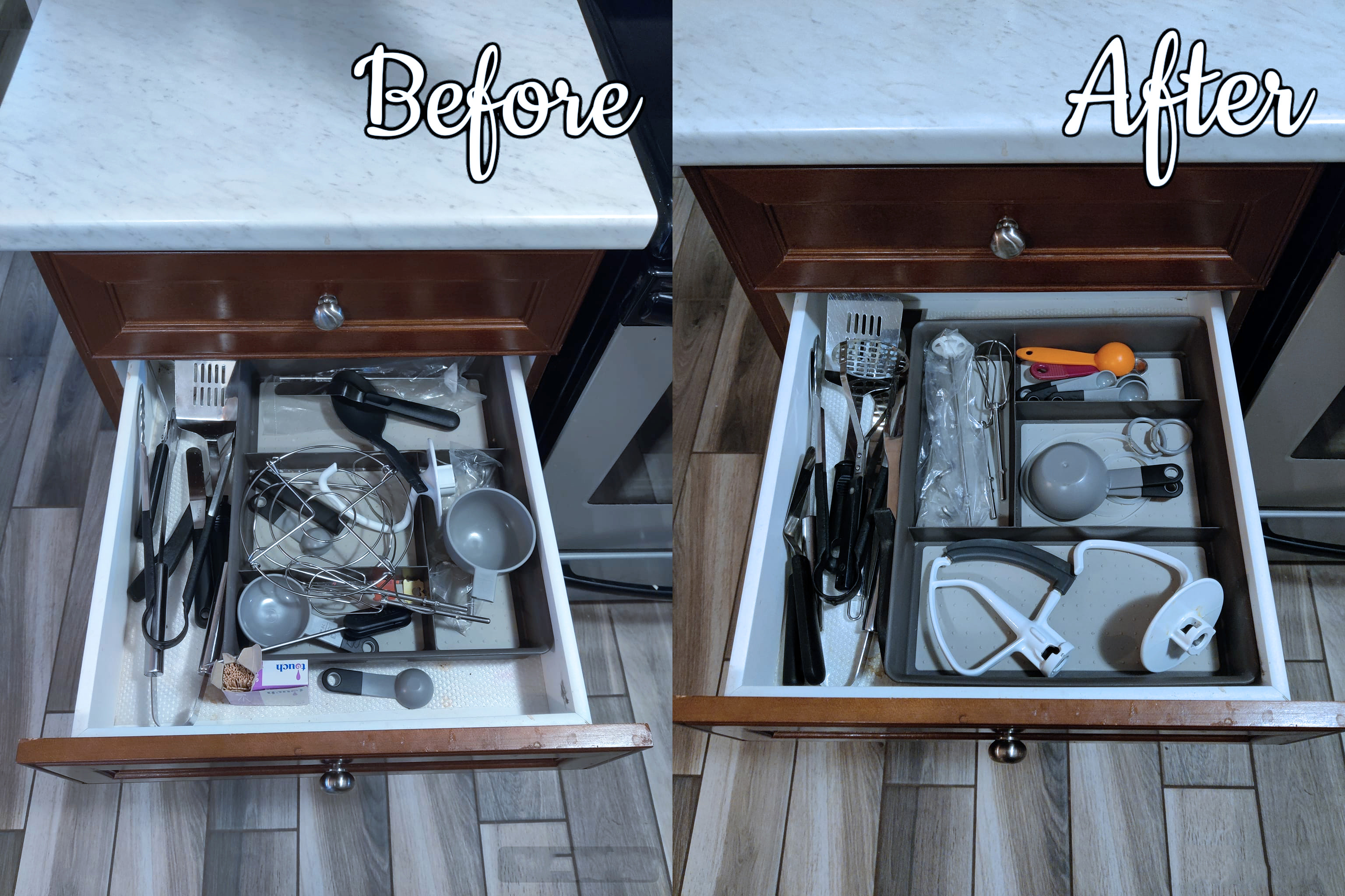 Before and after kitchen drawer organization by Let there be Space. Before image shows a cluttered drawer with duplicate and broken kitchen utensils.  After image shows kitchen drawer without duplicate utensils to fit only necessary utensils in the dividers.