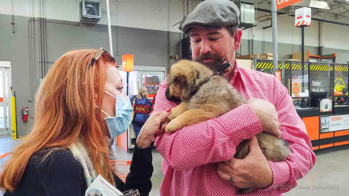 Man and woman holding puppy