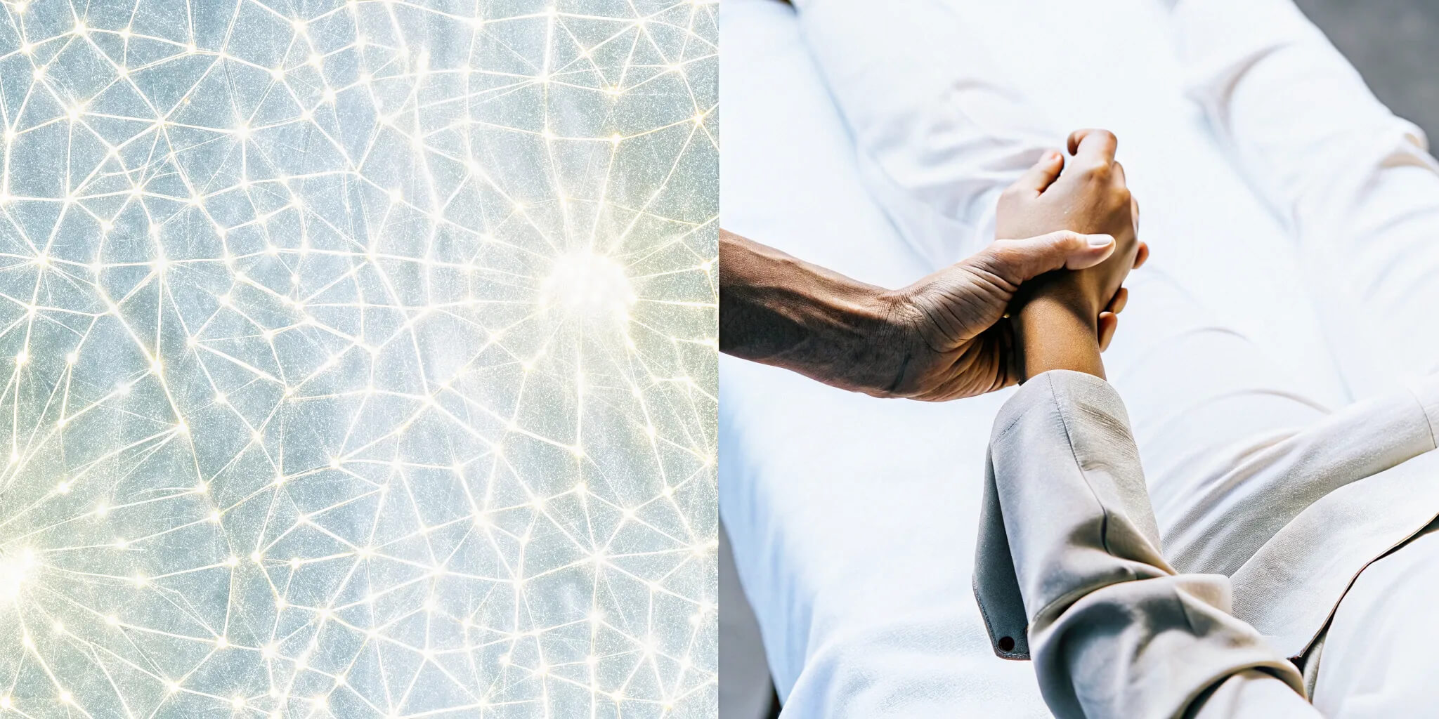A supportive hand over a network of glowing nerves during a neuropathic therapy session.