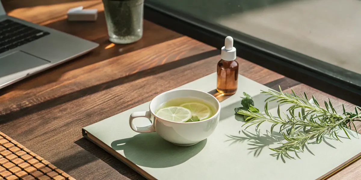 Herbal tea with rosemary and lemon, natural remedies for mental clarity.