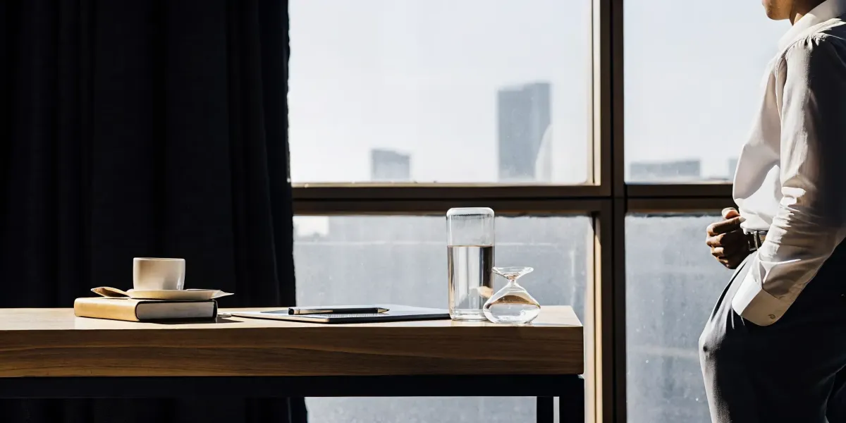 Man at an office window taking a moment to fix the fight or flight response.