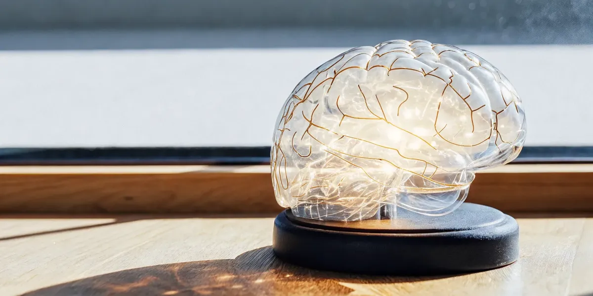Glass brain with glowing neural pathways for faith-based brain retraining programs.