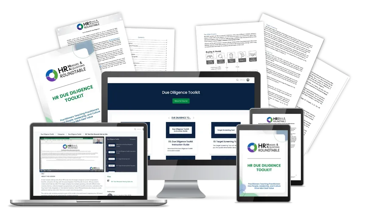 Mockup of the HR Due Diligence Toolkit with playbooks, checklists, and digital templates