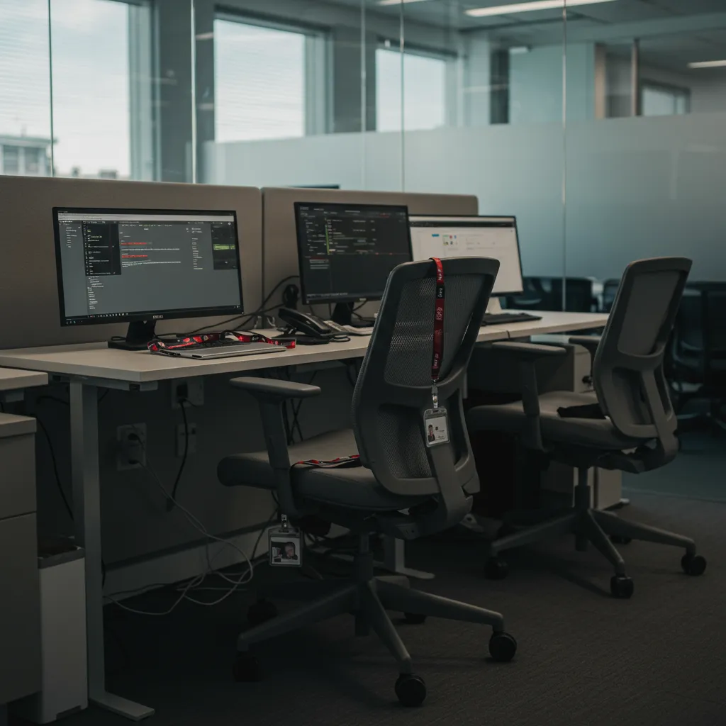 hree empty sales chairs with abandoned ID badges and laptops—M&A culture clash triggers AE turnover, putting $2.4M ARR at risk and delaying Q3 pipeline