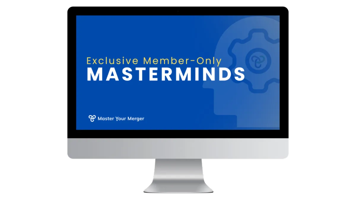 Computer mockup displaying the Master Your Merger brand for member-only mastermind sessions.
