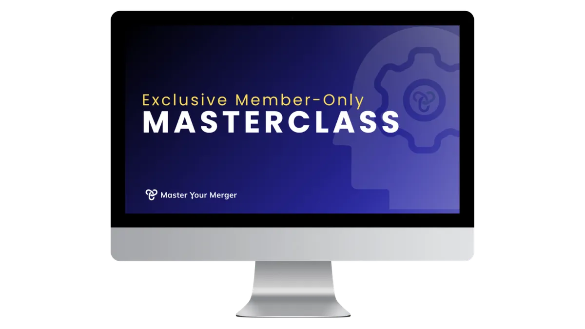 Computer mockup displaying the Master Your Merger brand for member-only mastermind sessions.