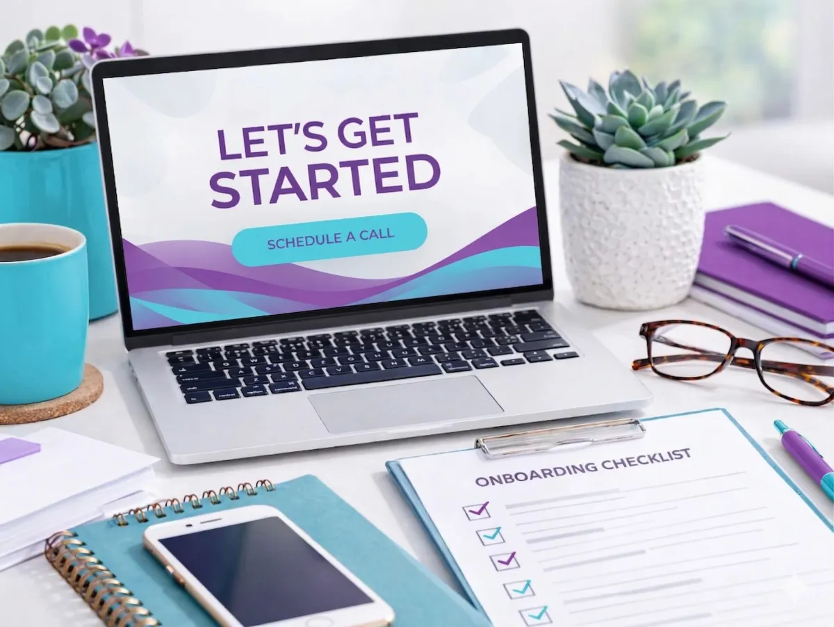 Laptop on desk with Let's Get Started on screen