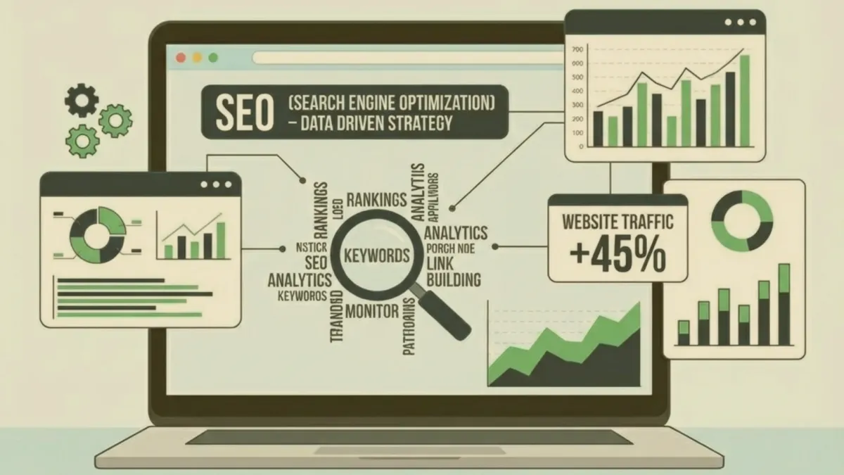 Search engine optimization dashboard showing website traffic growth