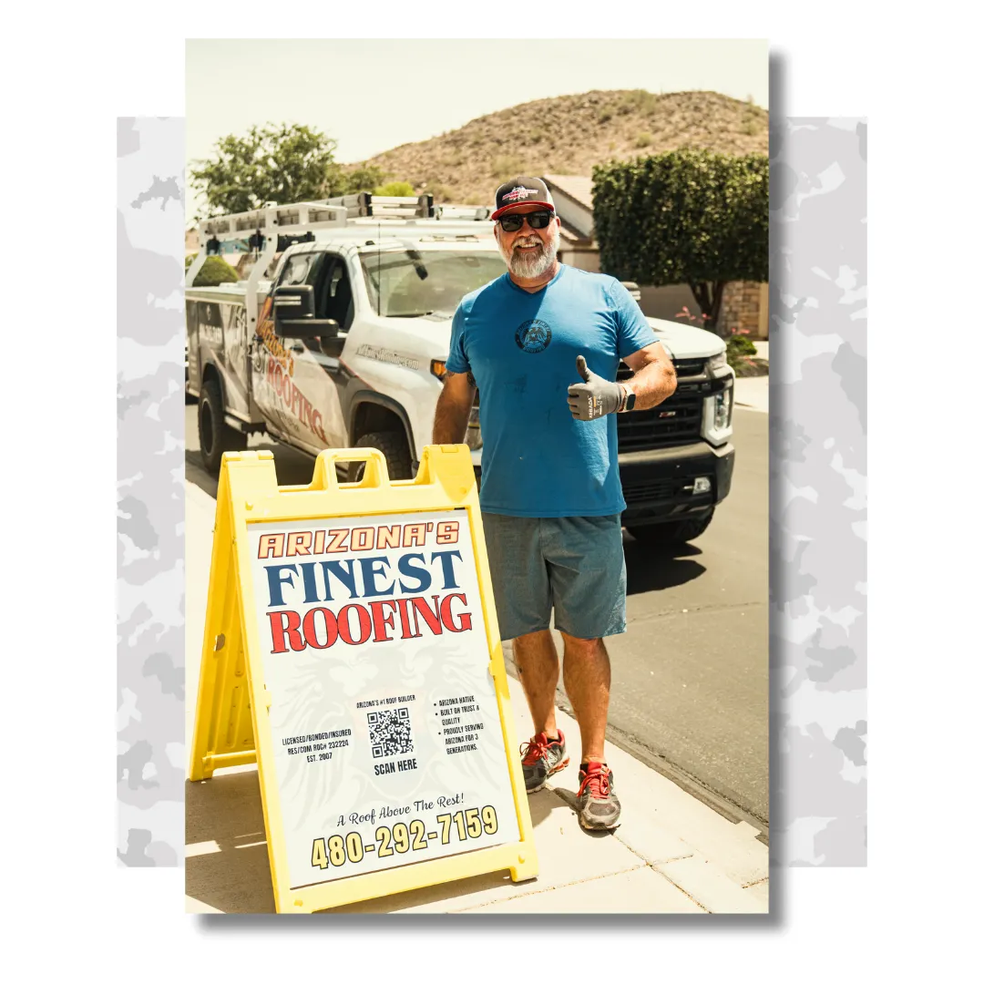 Arizona’s Finest Roofing contractor on-site with company truck and signage — top-rated roofing services in Arizona for residential and commercial needs.