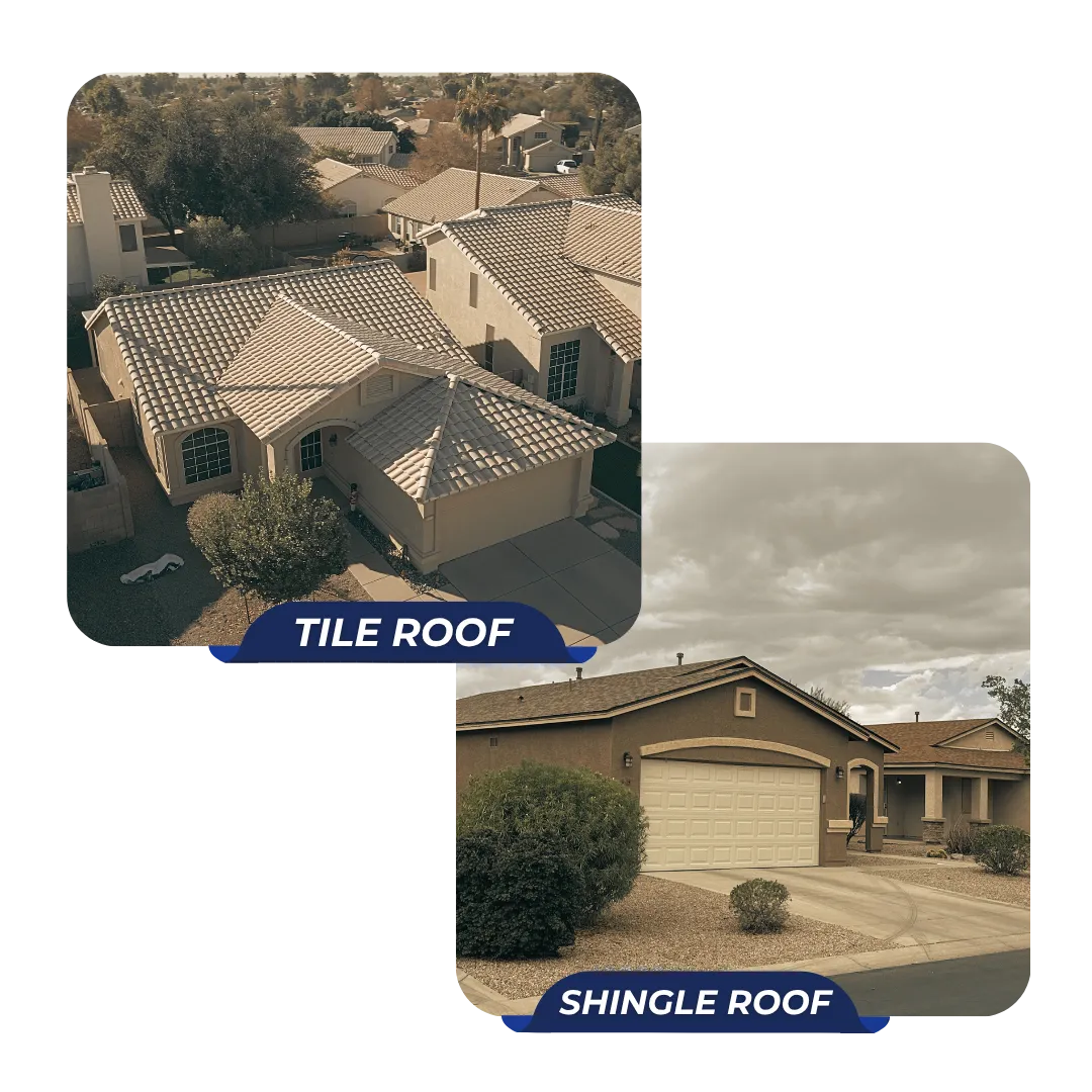 Residential homes in Arizona showcasing tile and shingle roofing options professionally installed for durability and curb appeal.