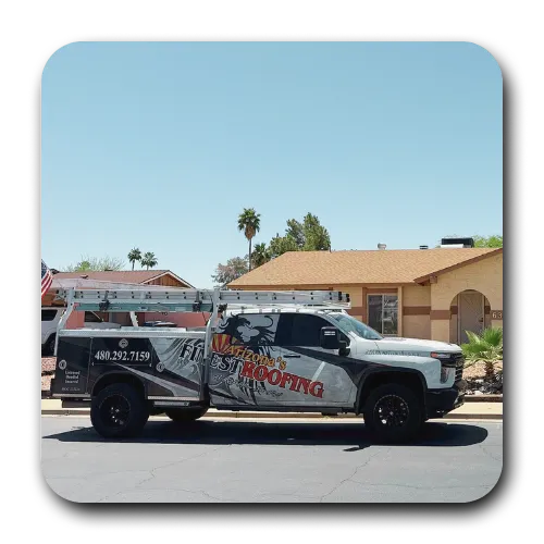 Arizona's Finest Roofing service truck parked in a Scottsdale neighborhood ready for a roof estimate.
