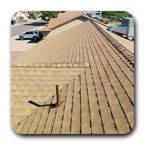 Large architectural shingle roof installation on a Scottsdale residence with valley flashing and roof vents.
