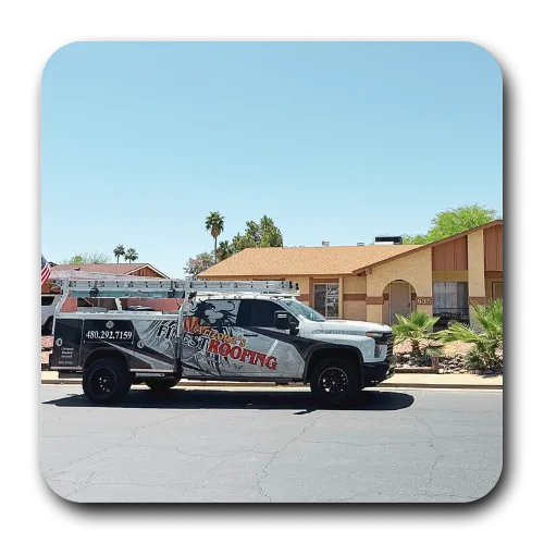 Arizona's Finest Roofing service truck parked in a Scottsdale neighborhood ready for a roof estimate.